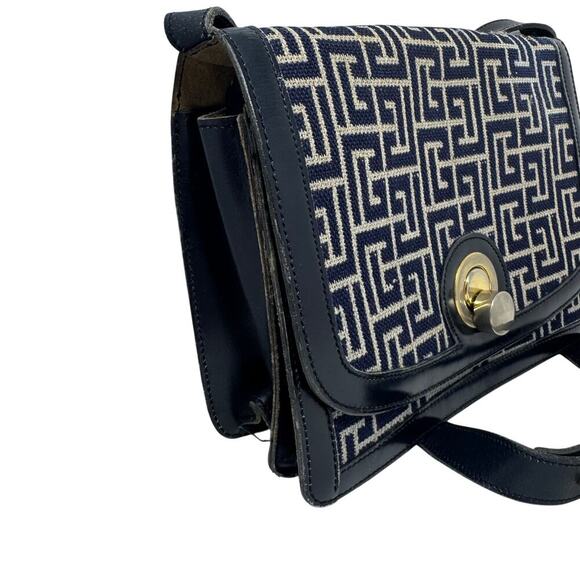 Balmain Vintage Monogram Canvas & Leather Crossbody Bag Navy Gold Hardware - Picture 2 of 14